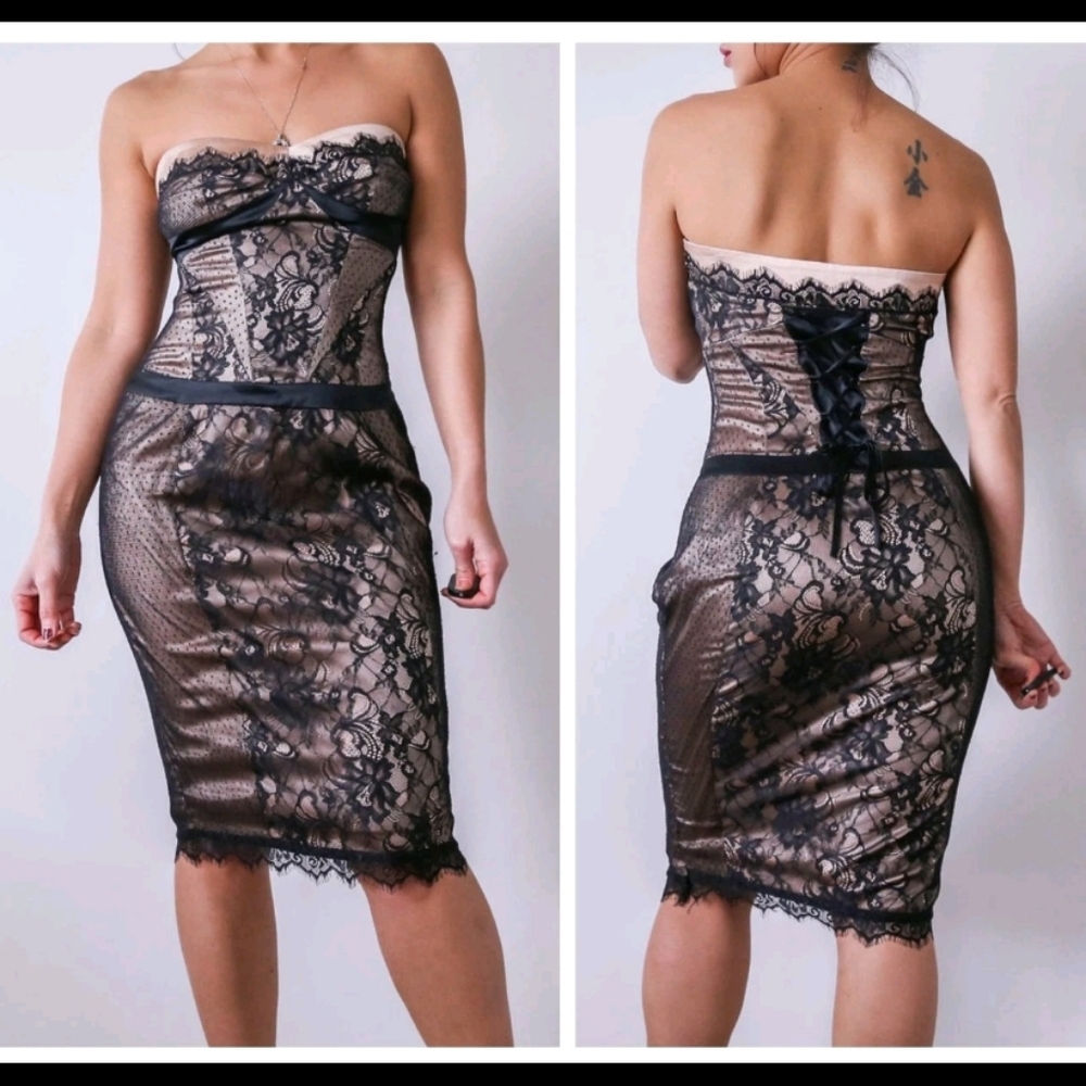 bebe XS Strapless Lace Bodycon Midi Dress Nude Black Corset Lace Up Back